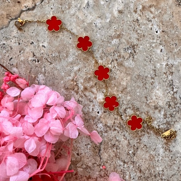 Gold-Toned Stainless Steel Red Flower Motif Bracelet - Picture 1 of 3